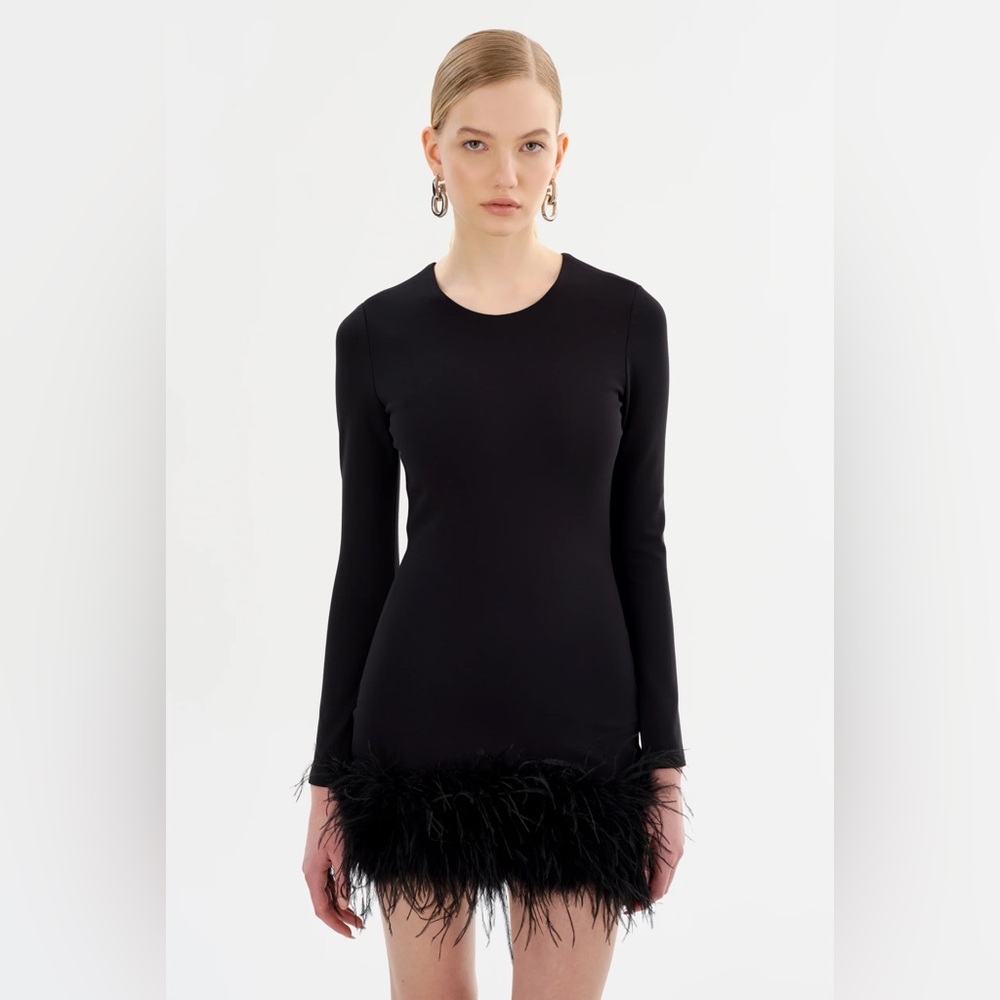 Lamarque Bahira Elegant Black Feather-Hem Long Sleeve Dress